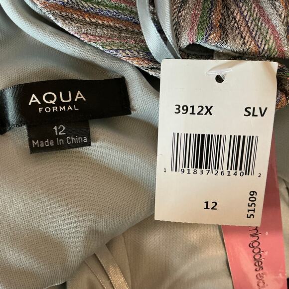 Silver Metallic Halter Evening Gown Size 12 Ruffled A-Line Long Dress by AQUA - Picture 9 of 13